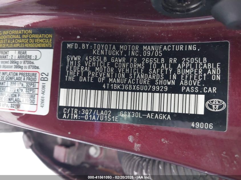 2006 Toyota Avalon Xls VIN: 4T1BK36BX6U079929 Lot: 41561093