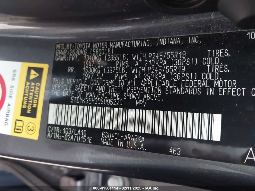 2013 Toyota Highlander Limited V6 VIN: 5TDYK3EH3DS095220 Lot: 41561114