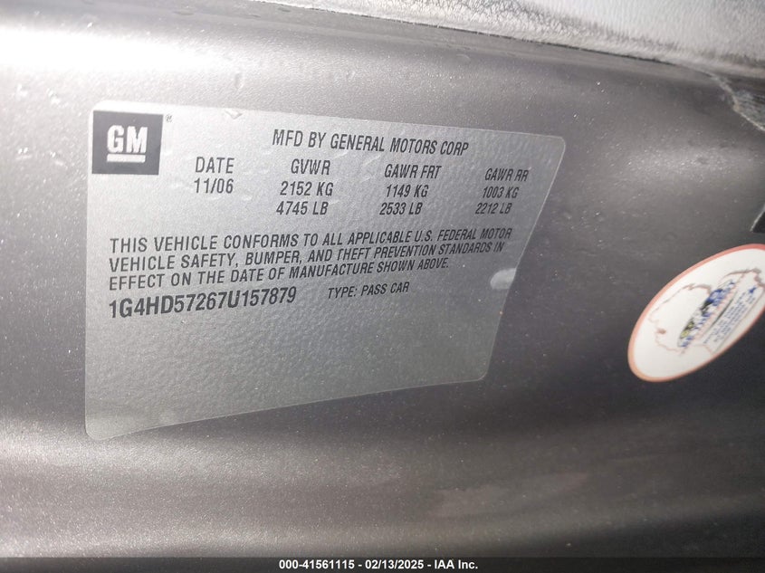 2007 BUICK LUCERNE VIN: 1G4HD57267U157879