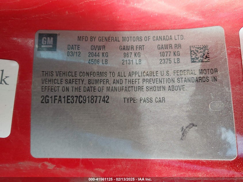 2012 CHEVROLET CAMARO VIN: 2G1FA1E37C9187742