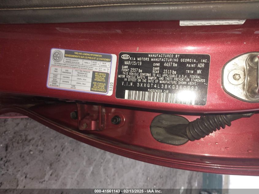 2019 Kia Optima S VIN: 5XXGT4L38KG360993 Lot: 41561143