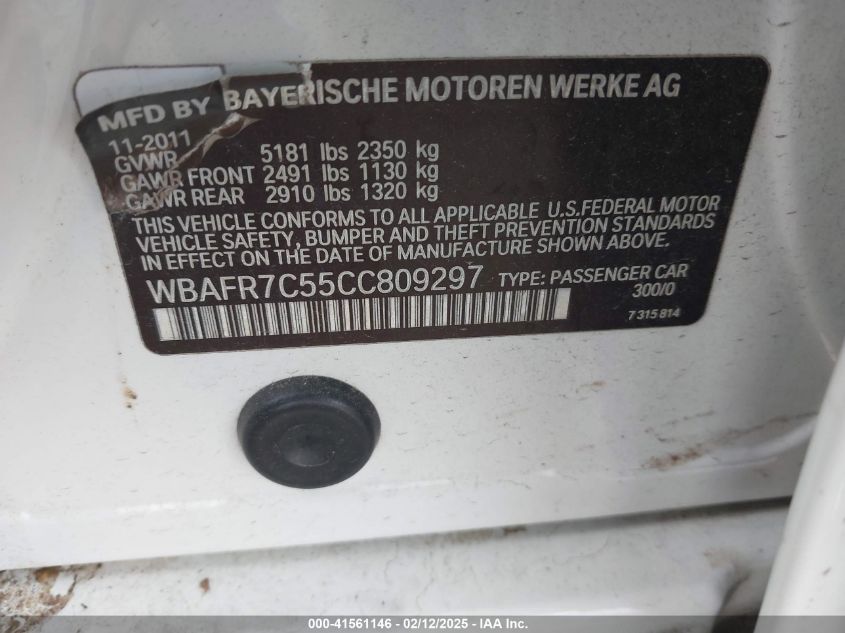 2012 BMW 535I VIN: WBAFR7C55C809297 Lot: 41561146