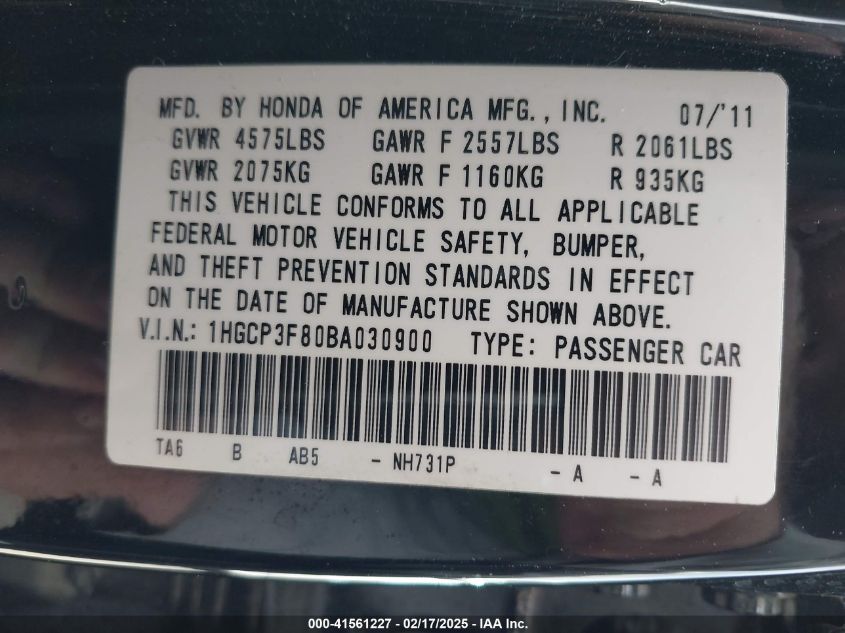 2011 Honda Accord 3.5 Ex-L VIN: 1HGCP3F80BA030900 Lot: 41561227