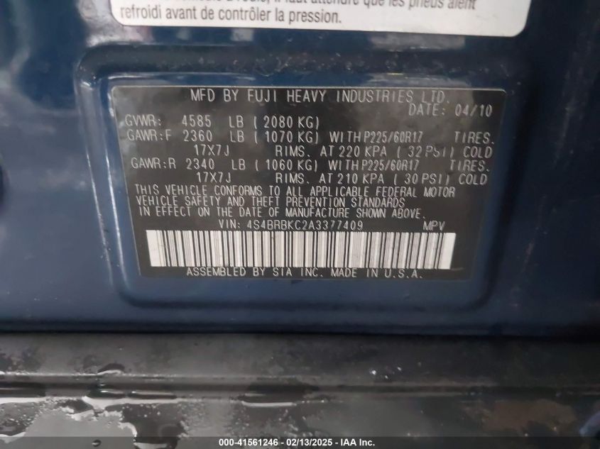 2010 Subaru Outback 2.5I Limited VIN: 4S4BRBKC2A3377409 Lot: 41561246