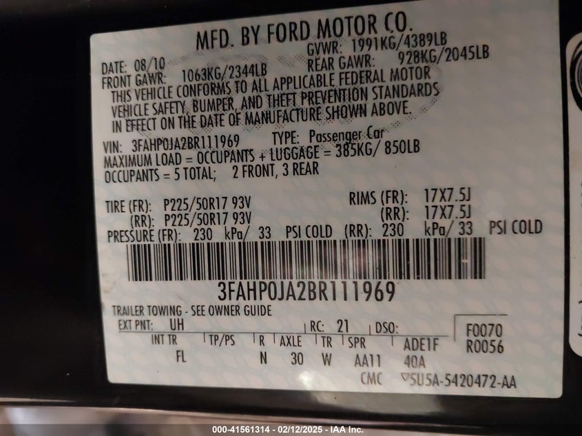 2011 FORD FUSION VIN: 3FAHP0JA2BR111969