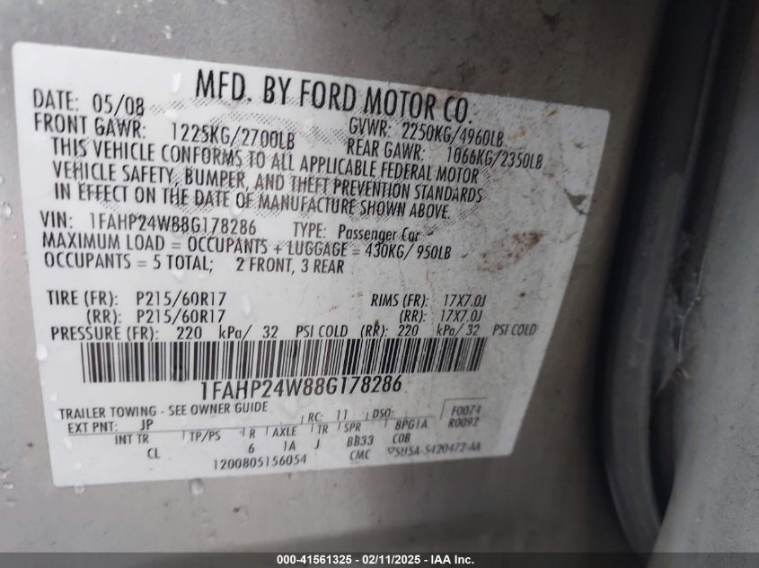 2008 Ford Taurus Sel VIN: 1FAHP24W88G178286 Lot: 41561325