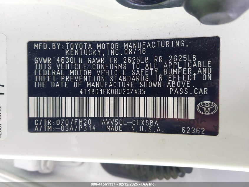 2017 TOYOTA CAMRY HYBRID VIN: 4T1BD1FK0HU207435