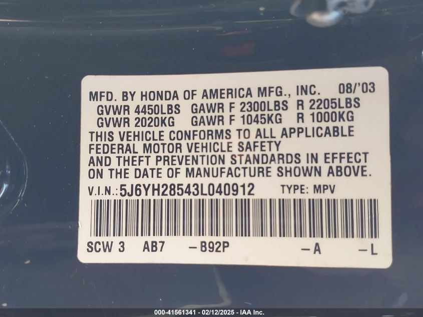 2003 Honda Element Ex VIN: 5J6YH28543L040912 Lot: 41561341