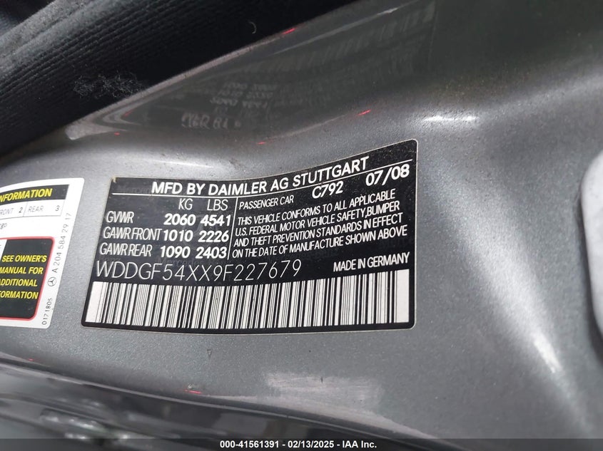 2009 MERCEDES-BENZ C 300 VIN: WDDGF54XX9F227679