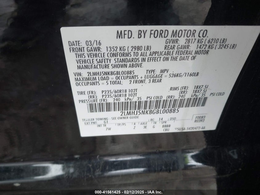 2016 LINCOLN MKT LIVERY - 2LMHJ5NK8GBL00885