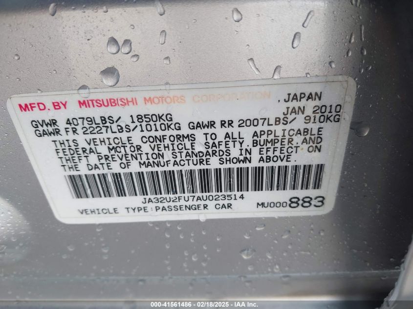 2010 Mitsubishi Lancer Es VIN: JA32U2FU7AU023514 Lot: 41561486