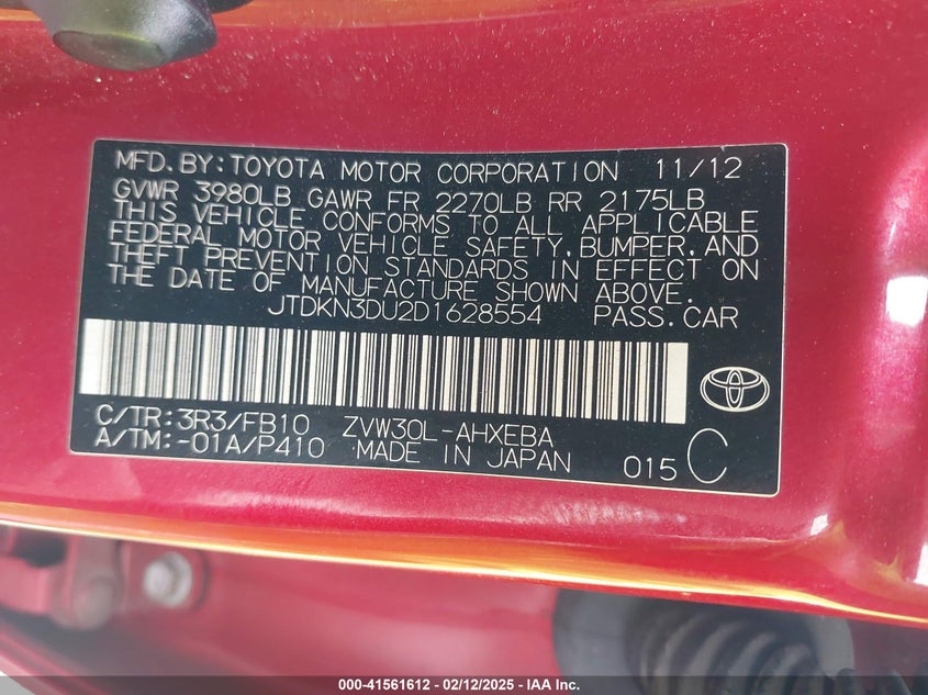 2013 TOYOTA PRIUS VIN: JTDKN3DU2D1628554