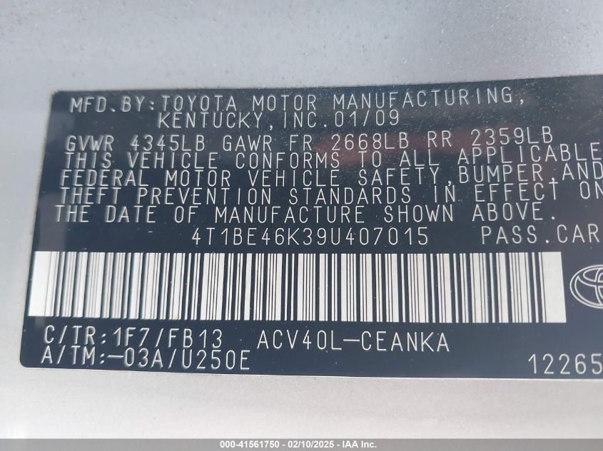 2009 Toyota Camry Le VIN: 4T1BE46K39U407015 Lot: 41561750