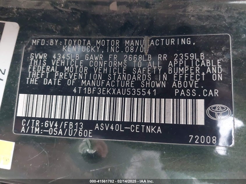 2010 TOYOTA CAMRY VIN: 4T1BF3EKXAU535541