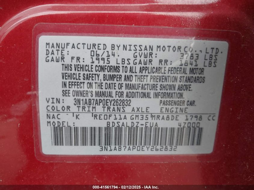 2014 Nissan Sentra S/Sv/Sr/Sl VIN: 3N1AB7AP0EY26232 Lot: 41561794