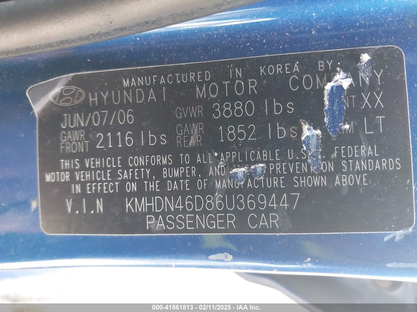 2006 HYUNDAI ELANTRA VIN: KMHDN46D86U369447