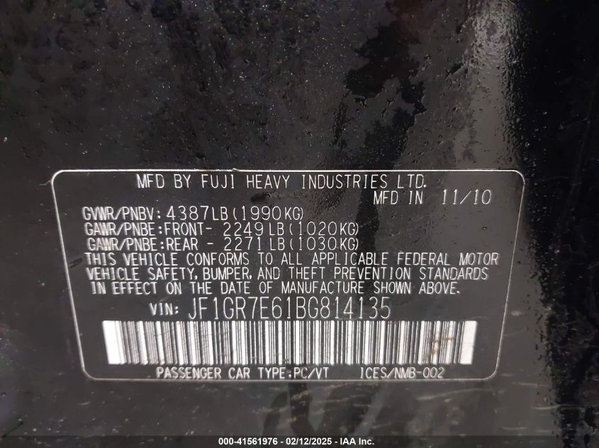 2011 Subaru Impreza Wrx VIN: JF1GR7E61BG814135 Lot: 41561976