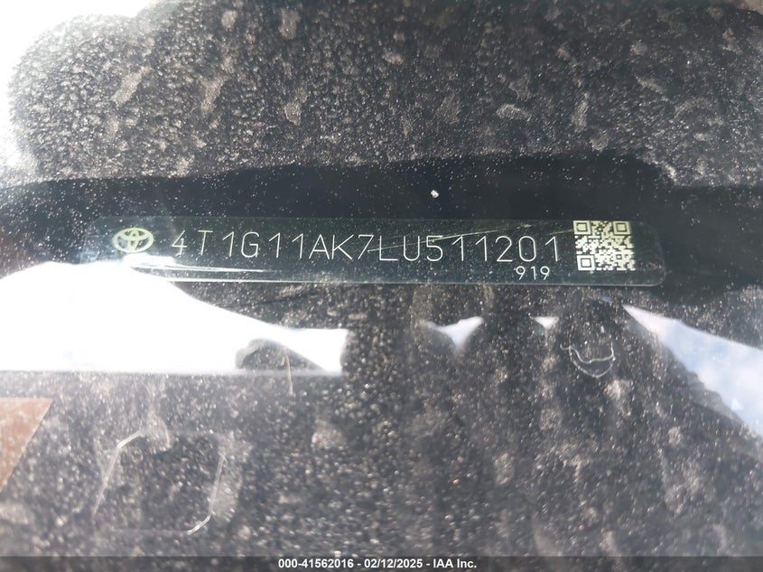 2020 TOYOTA CAMRY VIN: 4T1G11AK7LU511201
