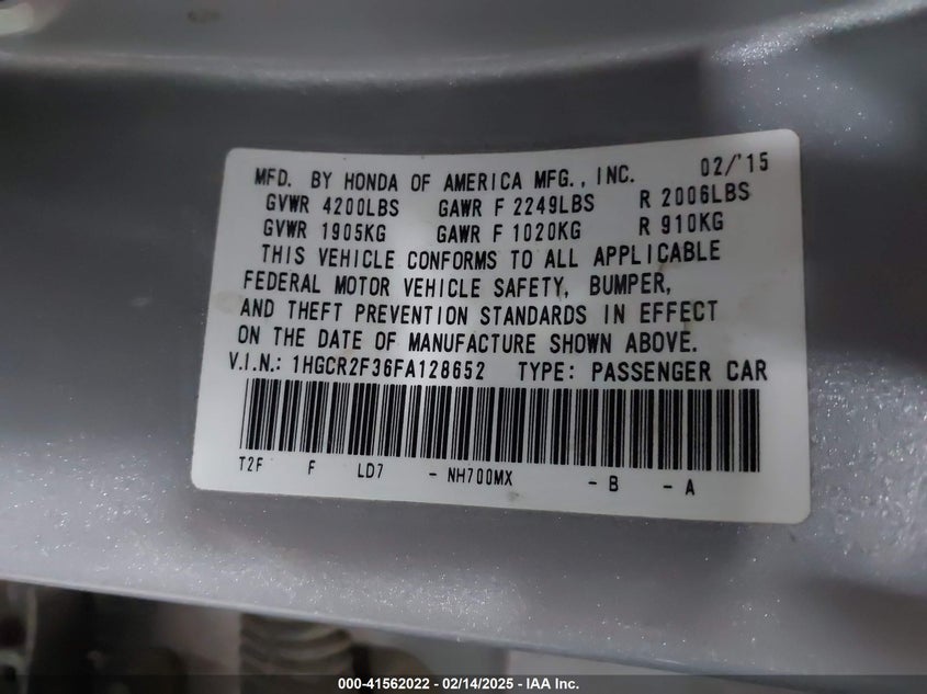 2015 HONDA ACCORD VIN: 1HGCR2F36FA128652