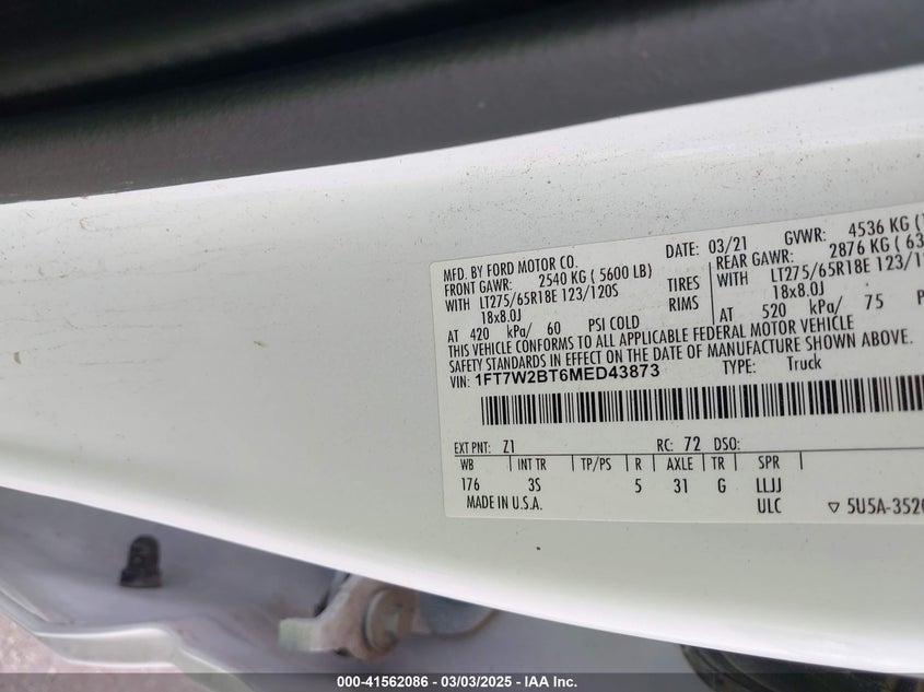 2021 FORD F-250 XLT - 1FT7W2BT6MED43873