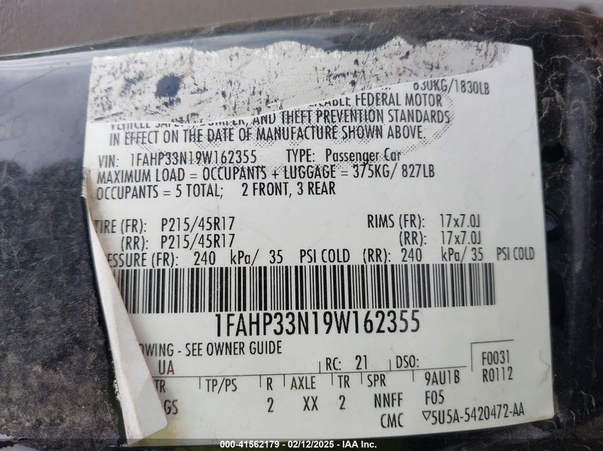 1FAHP33N19W162355 2009 FORD FOCUS photo no. 9