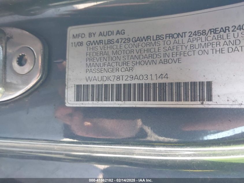 2009 Audi A5 3.2L VIN: WAUDK78T29A031144 Lot: 41562182