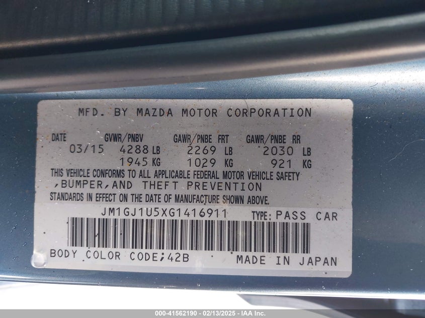 2016 MAZDA 6 VIN: JM1GJ1U5XG1416911