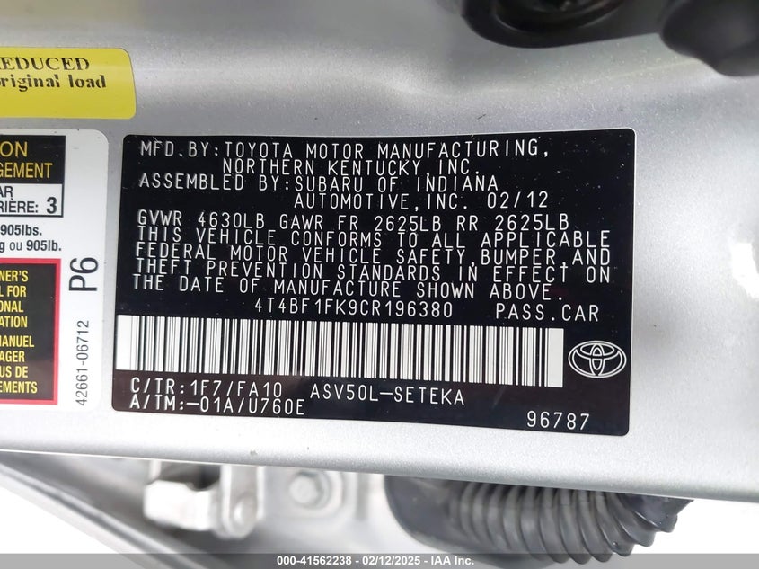 2012 TOYOTA CAMRY VIN: 4T4BF1FK9CR196380