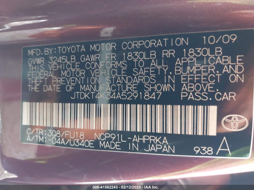 2010 TOYOTA YARIS VIN: JTDKT4K34A5291847