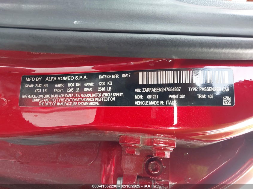 VIN ZARFAEEN2H7554867 2017 ALFA ROMEO GIULIA TI AWD