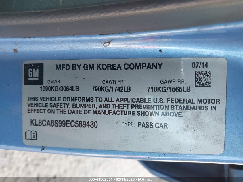 2014 CHEVROLET SPARK VIN: KL8CA6S99EC589430
