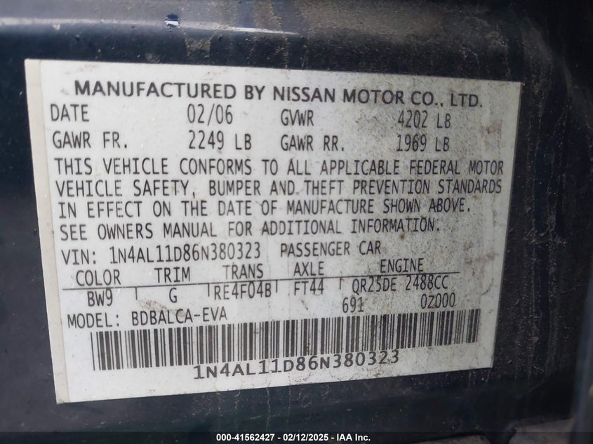 2006 NISSAN ALTIMA VIN: 1N4AL11D86N380323
