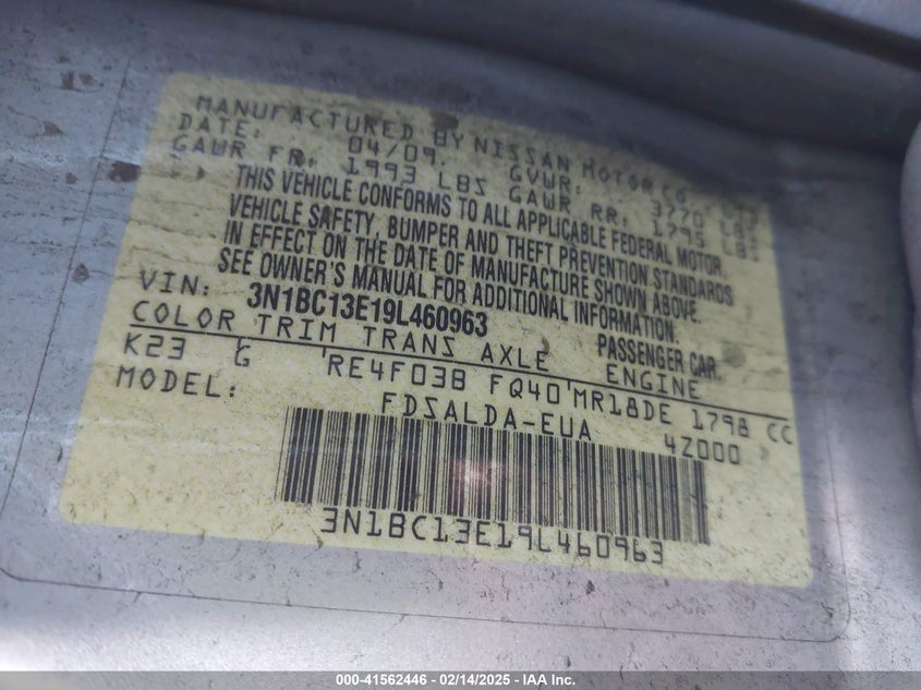 2009 NISSAN VERSA VIN: 3N1BC13E19L460963