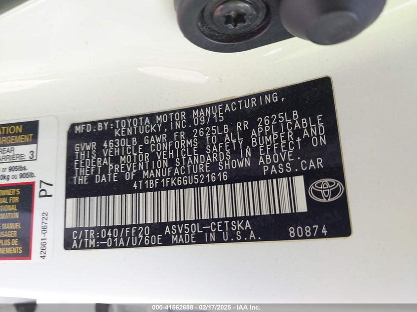 2016 TOYOTA CAMRY VIN: 4T1BF1FK6GU521616