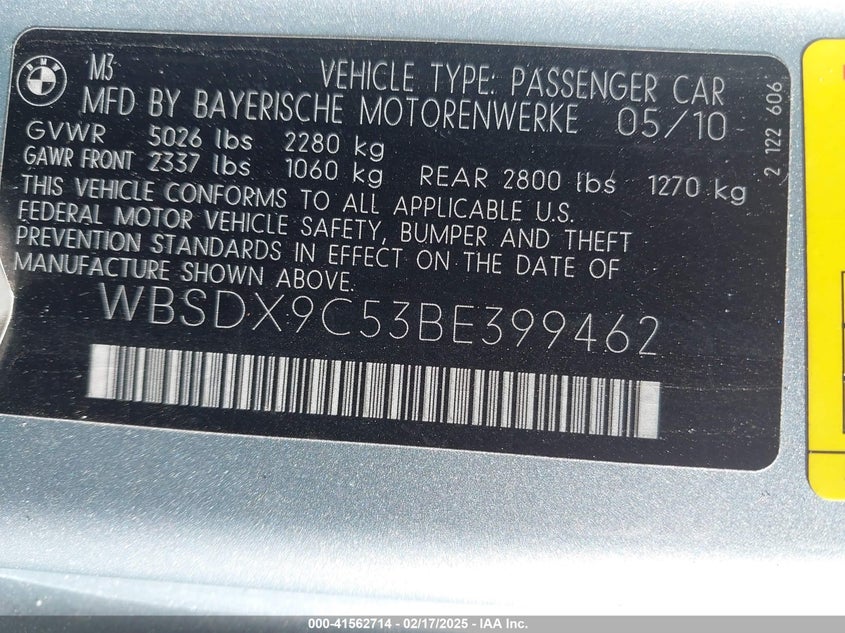 2011 BMW M3 VIN: WBSDX9C53BE399462 Lot: 41562714
