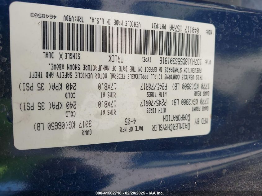 2005 Dodge Ram 1500 Slt/Laramie VIN: 1D7HU18D55S301918 Lot: 41562718