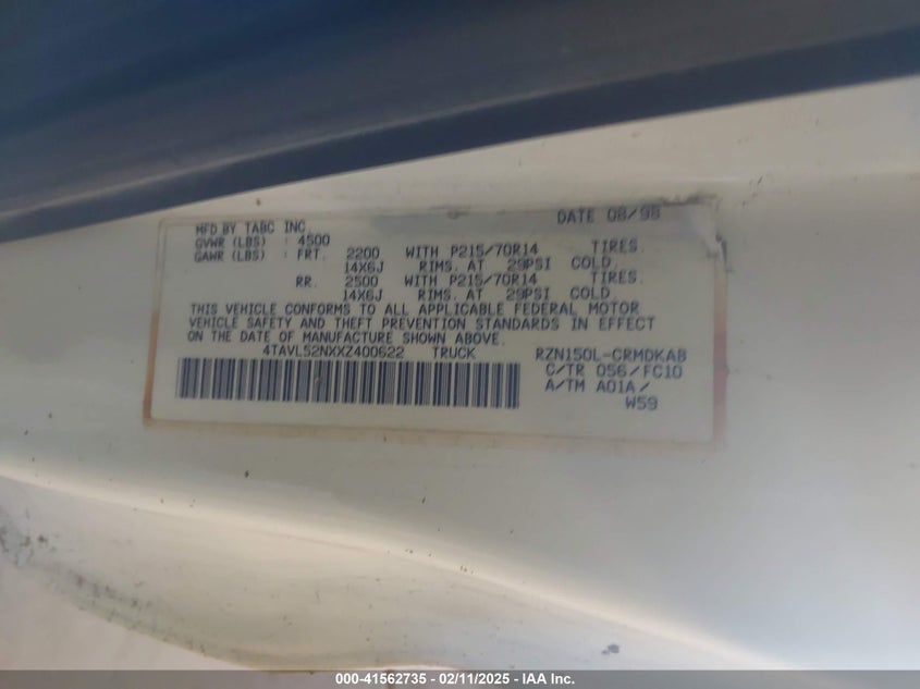 1999 Toyota Tacoma VIN: 4TAVL52NXXZ400622 Lot: 41562735