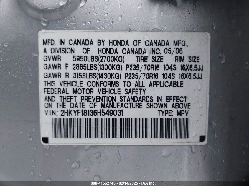 2006 Honda Pilot Lx VIN: 2HKYF18136H549031 Lot: 41562745