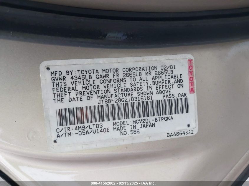 2002 Lexus Es 300 VIN: JTHBF30GX25020007 Lot: 41562802