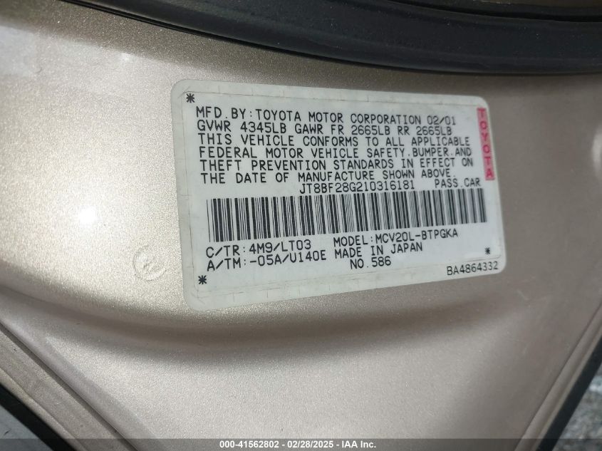 2002 Lexus Es 300 VIN: JTHBF30GX25020007 Lot: 41562802