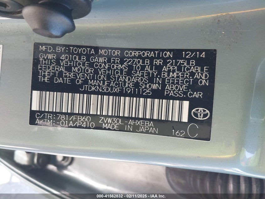 2015 TOYOTA PRIUS VIN: JTDKN3DUXF1911125