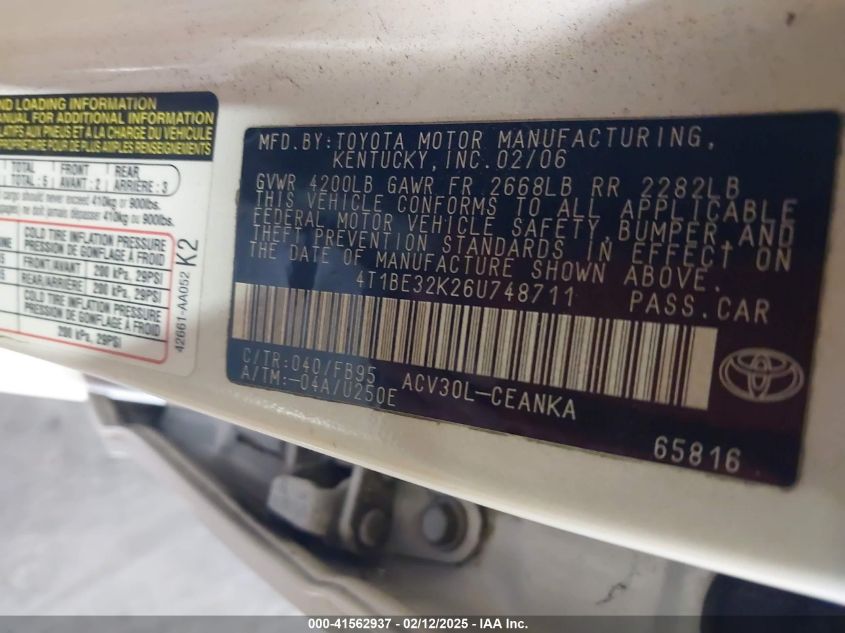 2006 Toyota Camry Le VIN: 4T1BE32K26U748711 Lot: 41562937