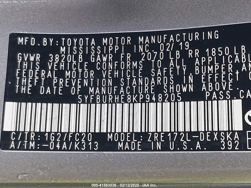 2019 TOYOTA COROLLA VIN: 5YFBURHE8KP948205