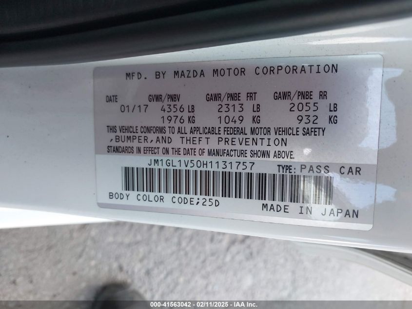 2017 Mazda Mazda6 Touring VIN: JM1GL1V50H1131757 Lot: 41563042