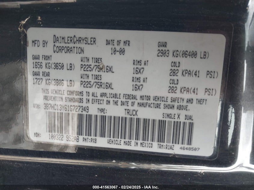 2001 Dodge Ram 1500 St VIN: 3B7HC13Y61G727349 Lot: 41563067