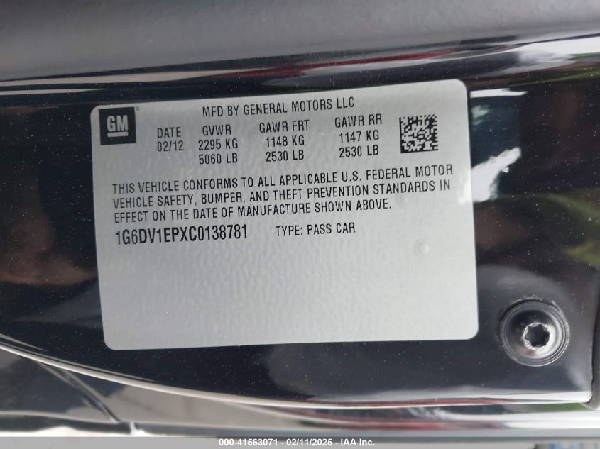 2012 Cadillac Cts-V VIN: 1G6DV1EPXC0138781 Lot: 41563071