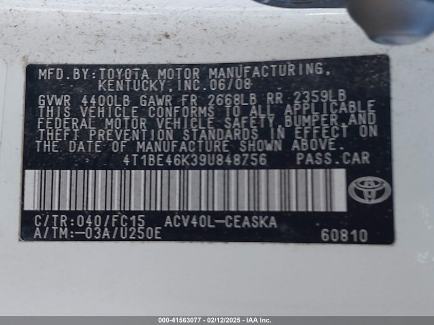 2009 TOYOTA CAMRY VIN: 4T1BE46K39U848756