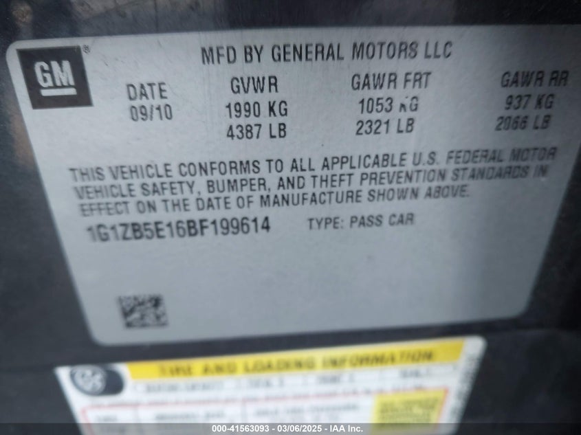 2011 CHEVROLET MALIBU VIN: 1G1ZB5E16BF199614