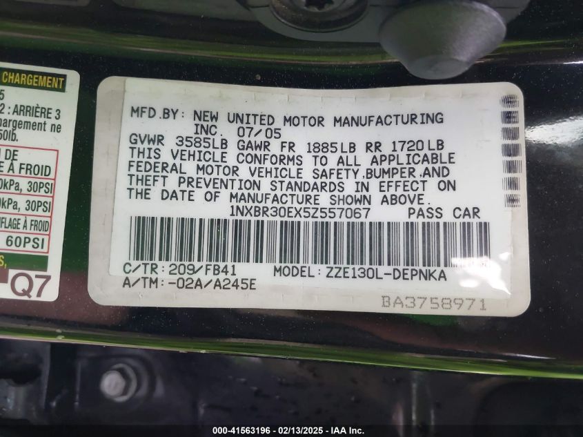 2005 Toyota Corolla Le VIN: 1NXBR30EX5Z557067 Lot: 41563196