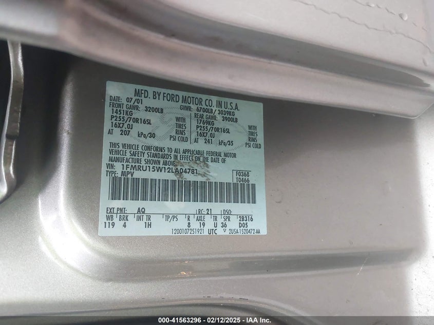 2002 Ford Expedition Xlt VIN: 1FMRU15W12LA04781 Lot: 41563296